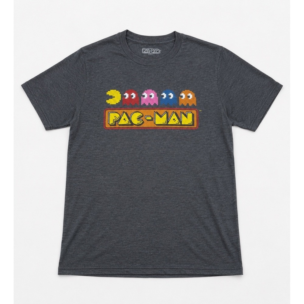 Pac-Man Mens Graphic T-Shirt Heather Gray Retro Arcade Gaming Ghost Logo Size M